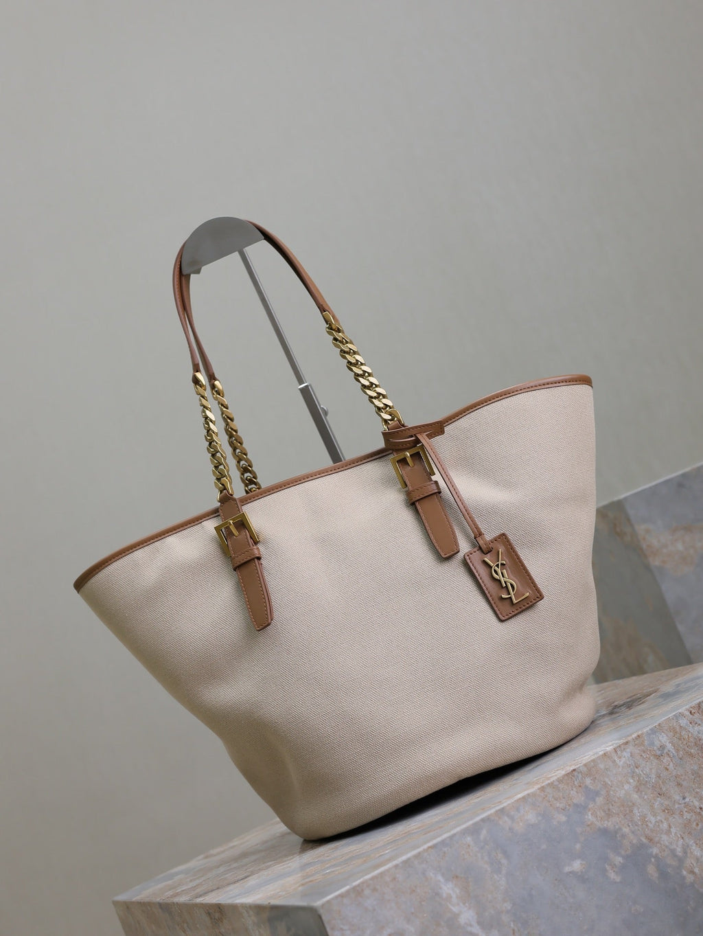 Saint Laurent Tote Bag 47 in White Canvas and Brown Leather Trim Gold Hardware