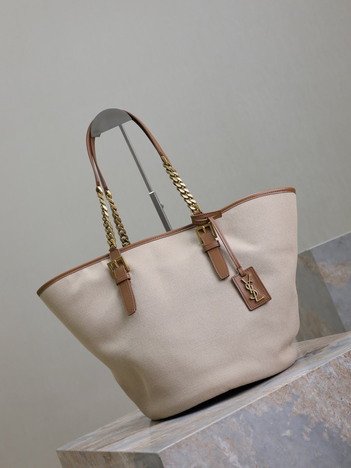 Saint Laurent Tote Bag 47 in White Canvas and Brown Leather Trim Gold Hardware
