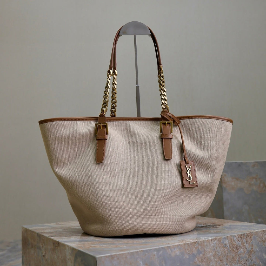 Saint Laurent Tote Bag 47 in White Canvas and Brown Leather Trim Gold Hardware