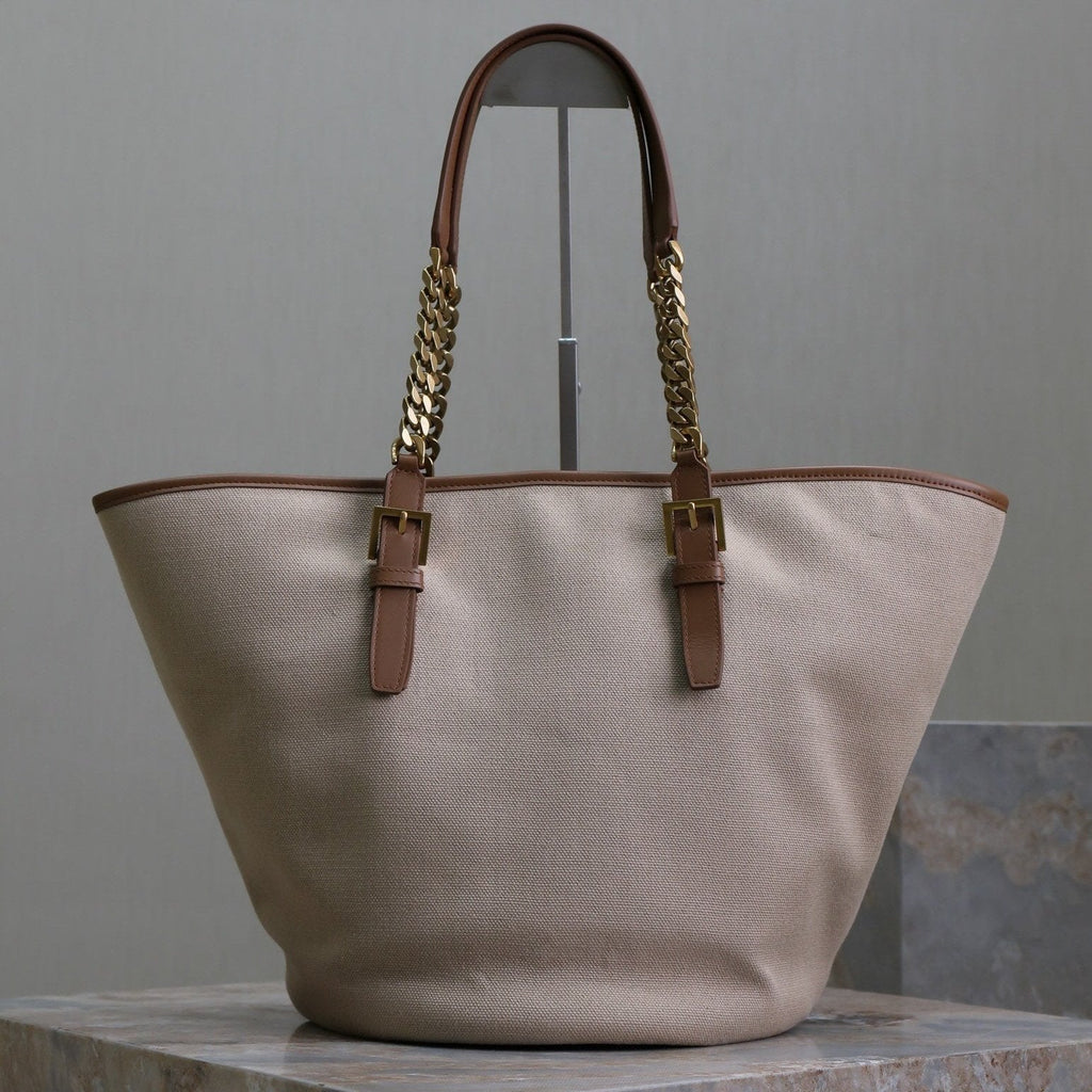 Saint Laurent Tote Bag 47 in White Canvas and Brown Leather Trim Gold Hardware