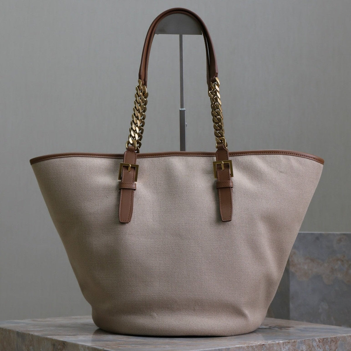 Saint Laurent Tote Bag 47 in White Canvas and Brown Leather Trim Gold Hardware