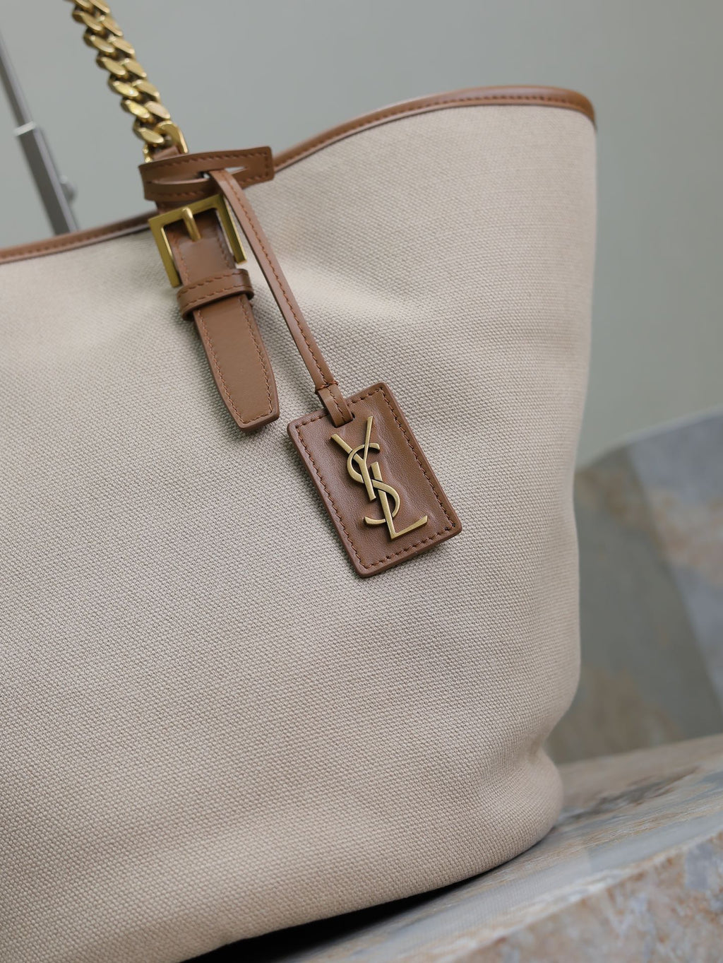 Saint Laurent Tote Bag 47 in White Canvas and Brown Leather Trim Gold Hardware