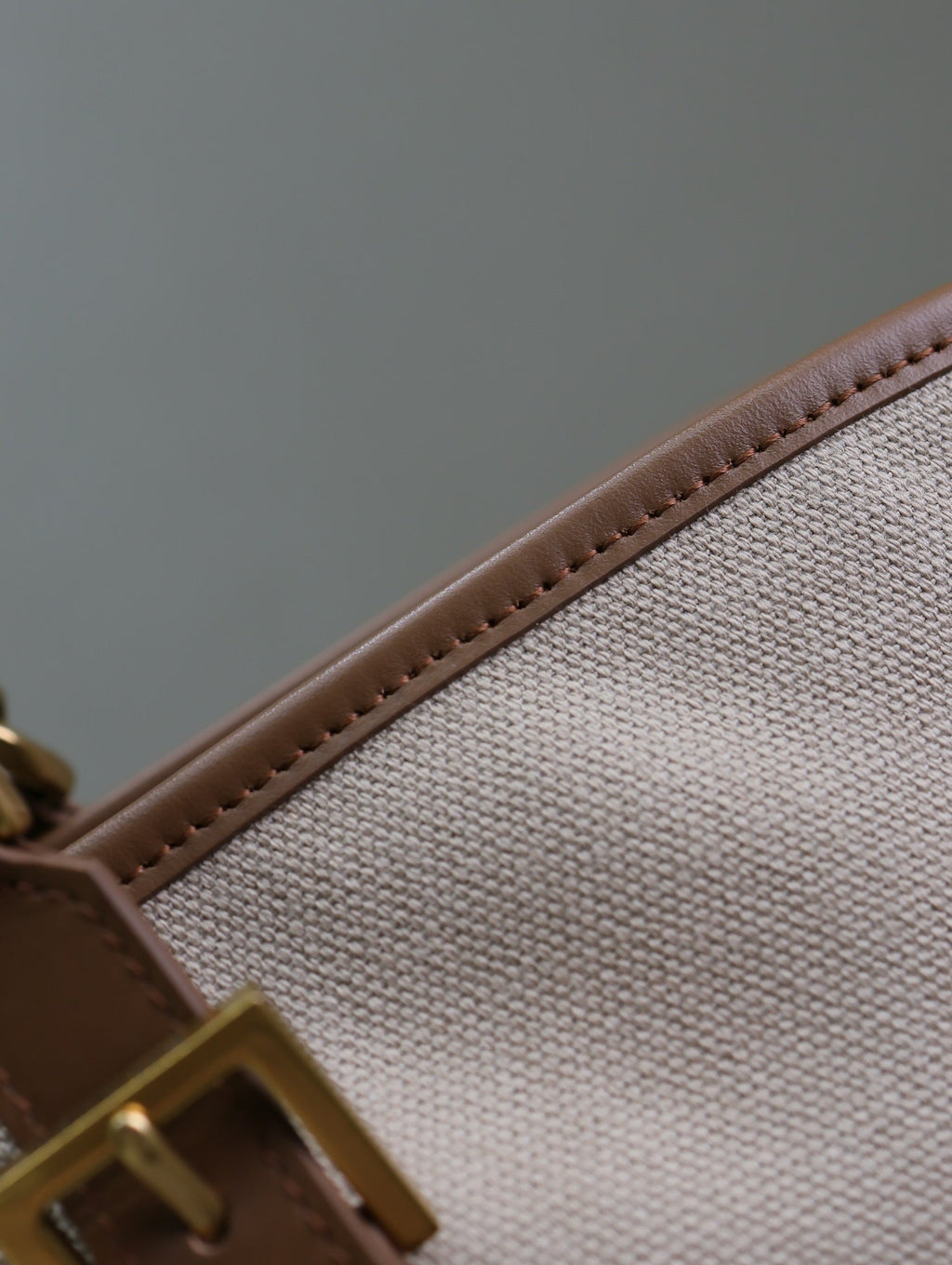 Saint Laurent Tote Bag 47 in White Canvas and Brown Leather Trim Gold Hardware