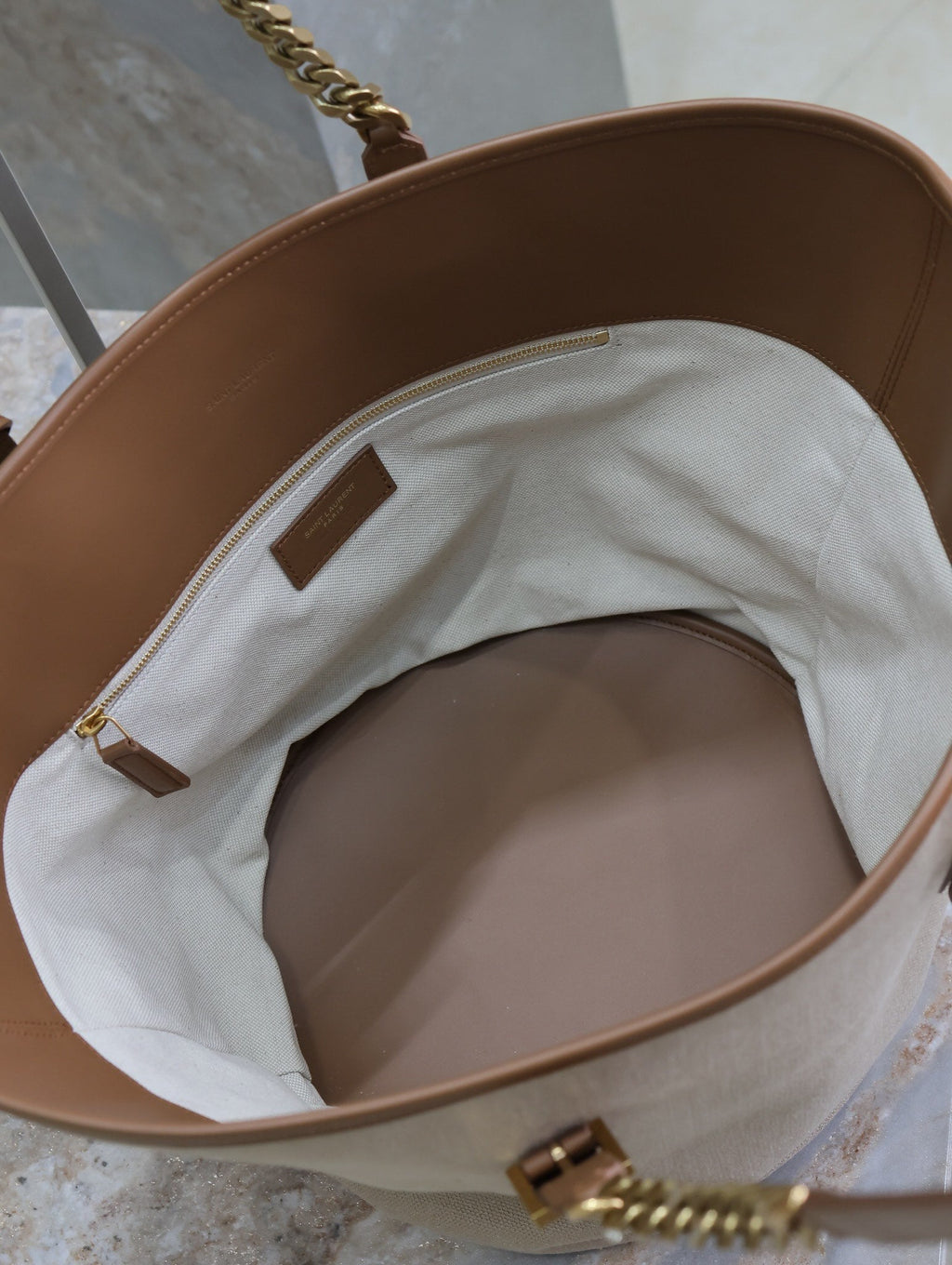 Saint Laurent Tote Bag 47 in White Canvas and Brown Leather Trim Gold Hardware