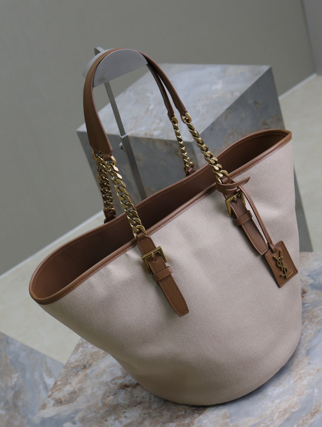 Saint Laurent Tote Bag 47 in White Canvas and Brown Leather Trim Gold Hardware