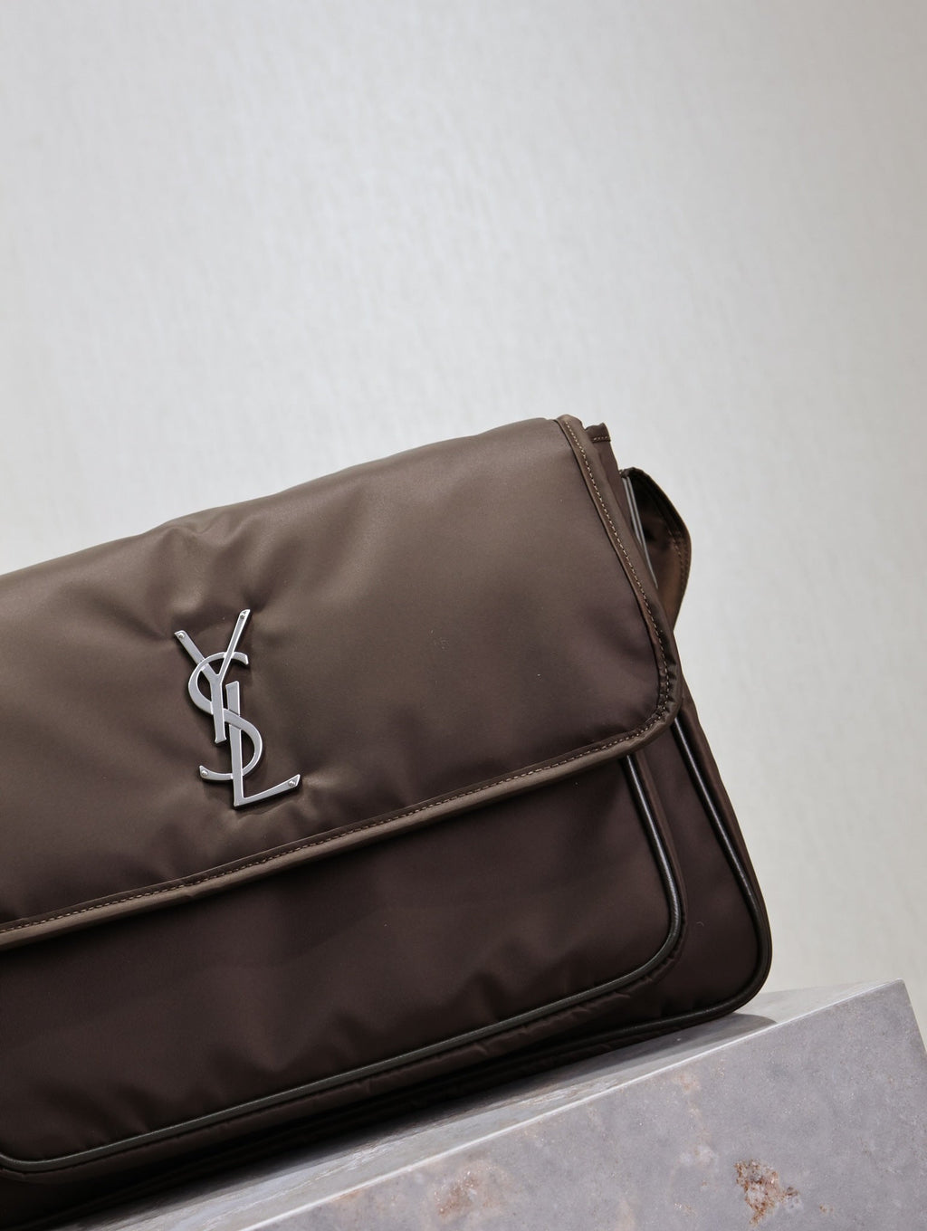 Saint Laurent Niki Large 32 in Chocolate Nylon Silver Logo Bag
