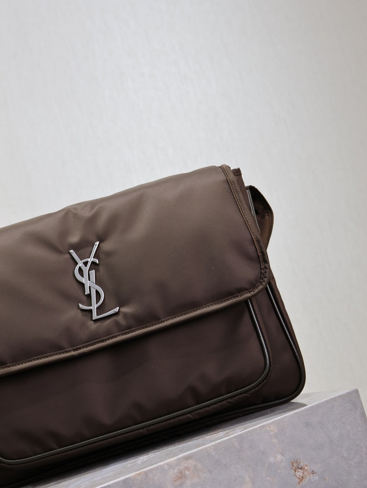 Saint Laurent Niki Large 32 in Chocolate Nylon Silver Logo Bag