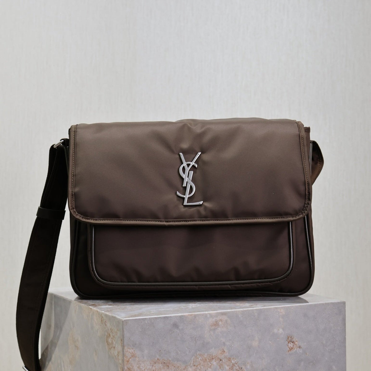 Saint Laurent Niki Large 32 in Chocolate Nylon Silver Logo Bag