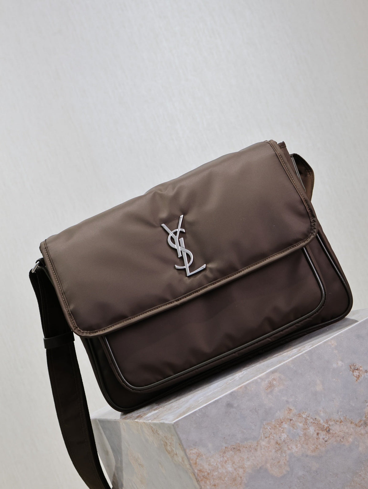 Saint Laurent Niki Large 32 in Chocolate Nylon Silver Logo Bag