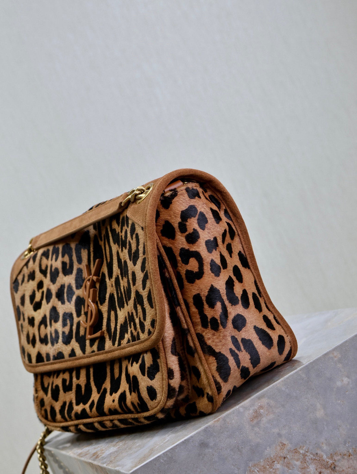 Saint Laurent Niki Medium 28 in Leopard Print Calfskin and Brown Suede Trim Bag