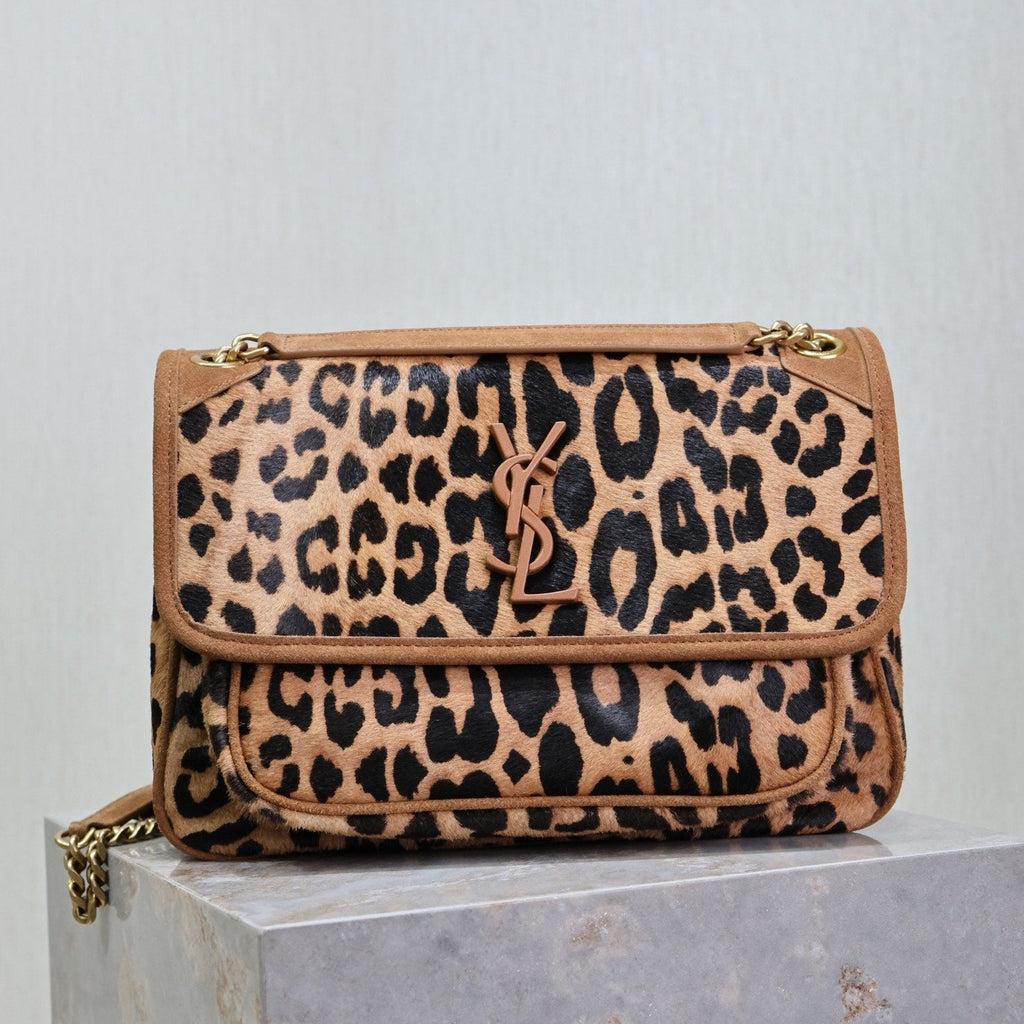 Saint Laurent Niki Medium 28 in Leopard Print Calfskin and Brown Suede Trim Bag