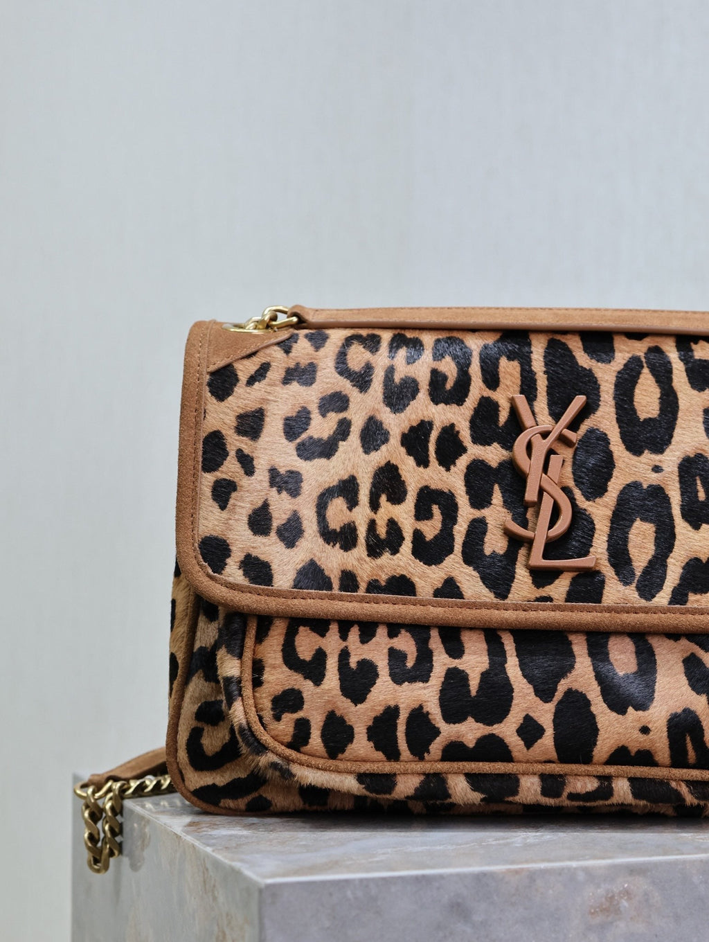 Saint Laurent Niki Medium 28 in Leopard Print Calfskin and Brown Suede Trim Bag