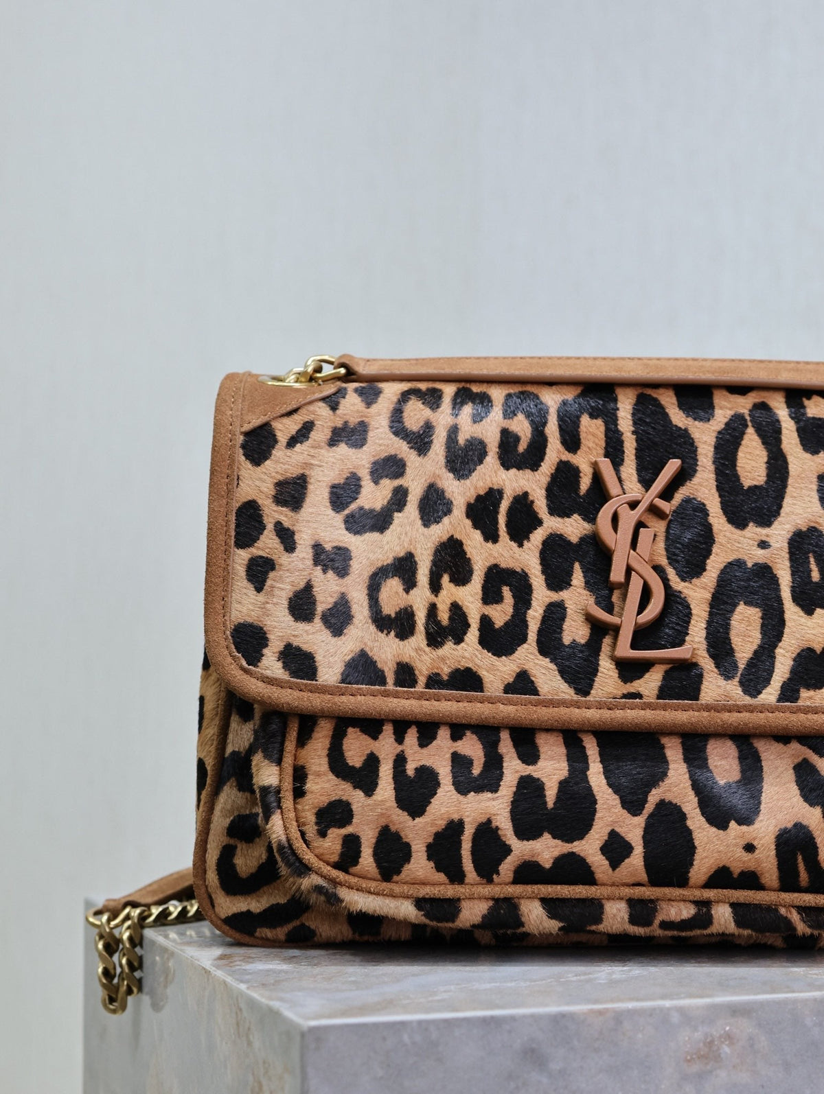 Saint Laurent Niki Medium 28 in Leopard Print Calfskin and Brown Suede Trim Bag