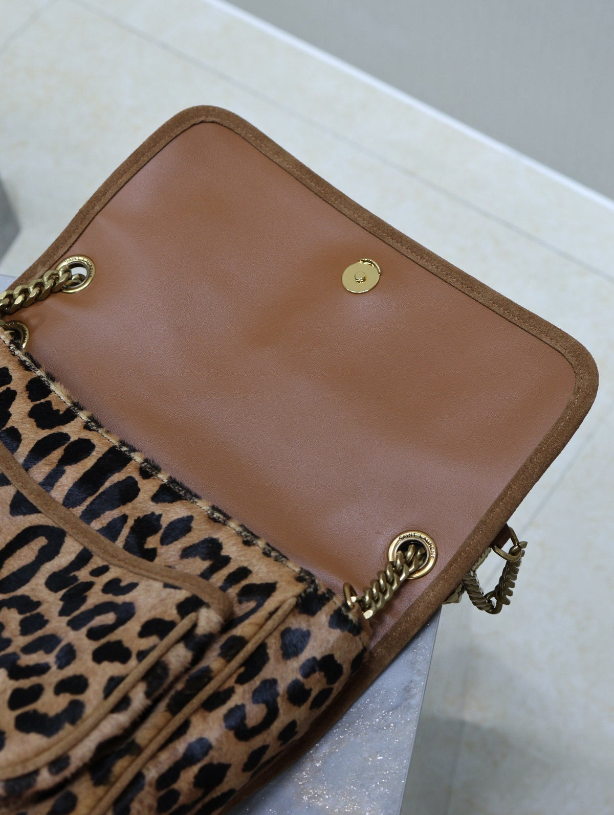 Saint Laurent Niki Medium 28 in Leopard Print Calfskin and Brown Suede Trim Bag