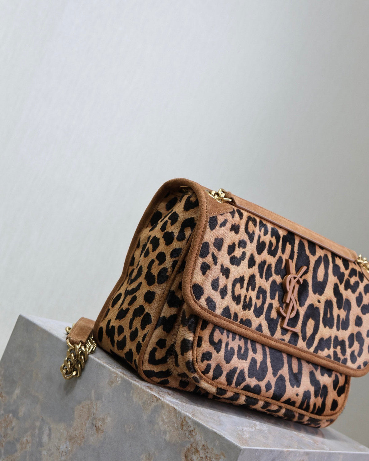 Saint Laurent Niki Medium 28 in Leopard Print Calfskin and Brown Suede Trim Bag