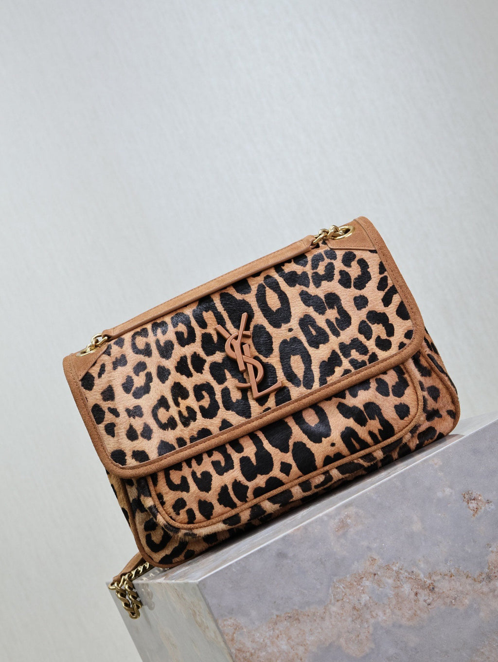 Saint Laurent Niki Medium 28 in Leopard Print Calfskin and Brown Suede Trim Bag