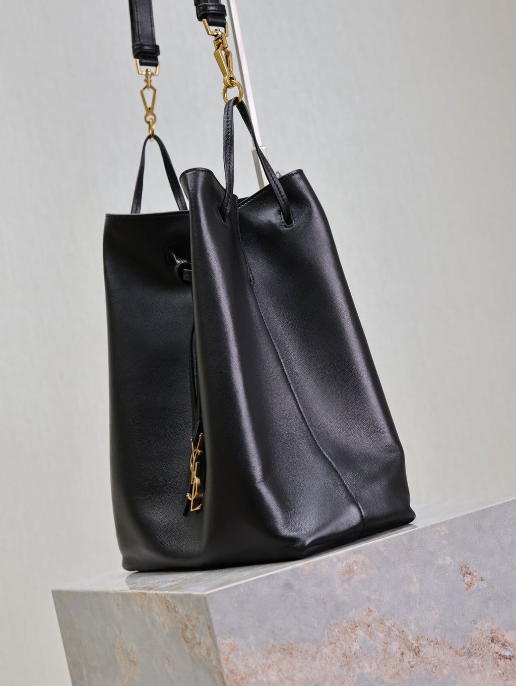 Saint Laurent Pochon Bucket Bag 30 in Black Lambskin Gold Hardware