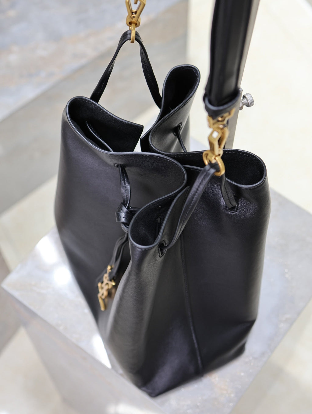 Saint Laurent Pochon Bucket Bag 30 in Black Lambskin Gold Hardware
