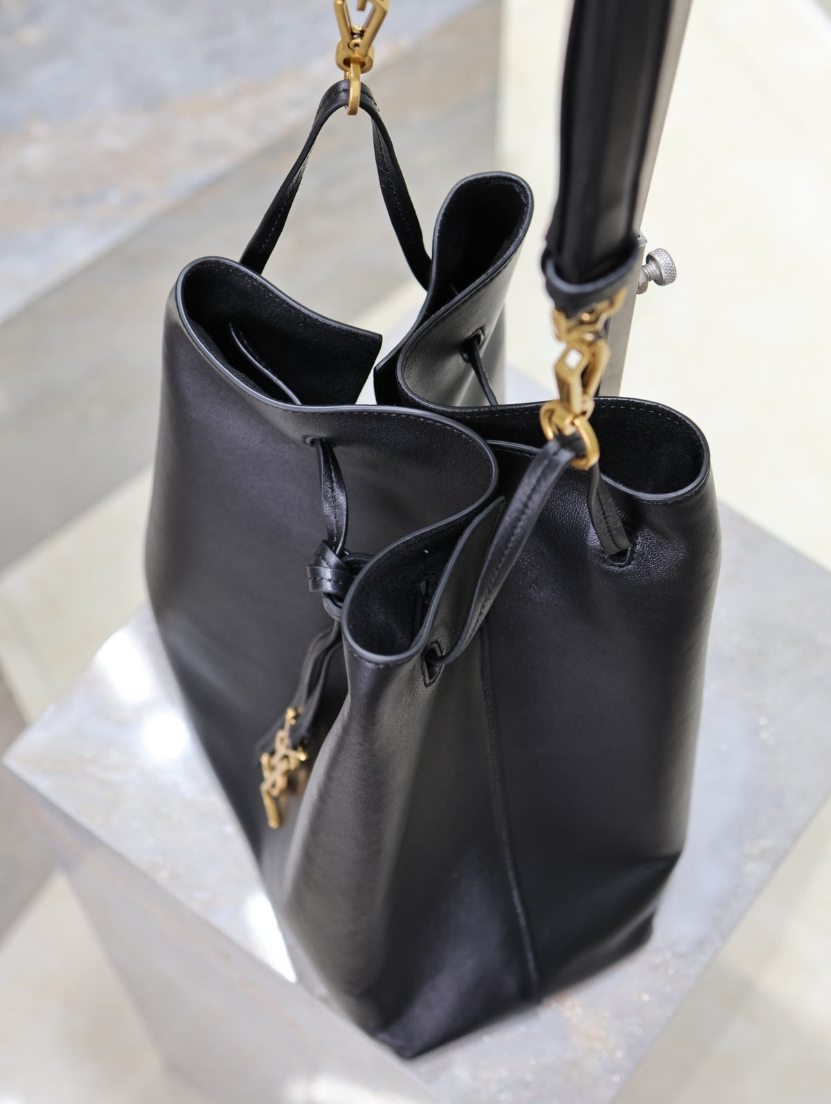 Saint Laurent Pochon Bucket Bag 30 in Black Lambskin Gold Hardware