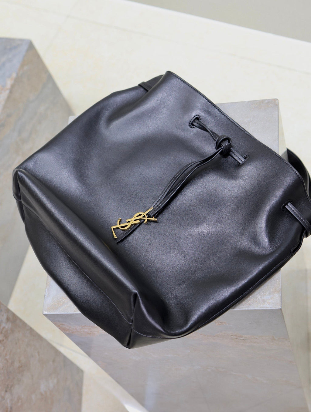 Saint Laurent Pochon Bucket Bag 30 in Black Lambskin Gold Hardware