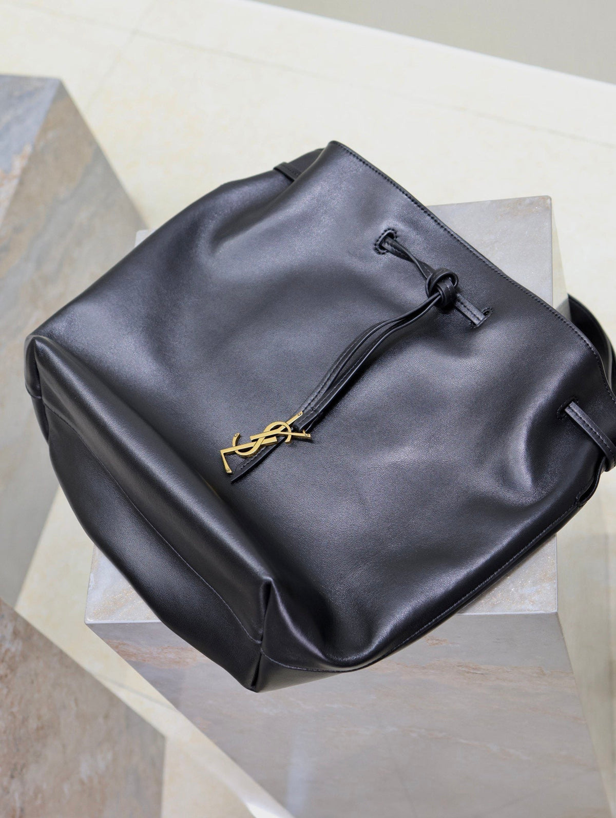 Saint Laurent Pochon Bucket Bag 30 in Black Lambskin Gold Hardware