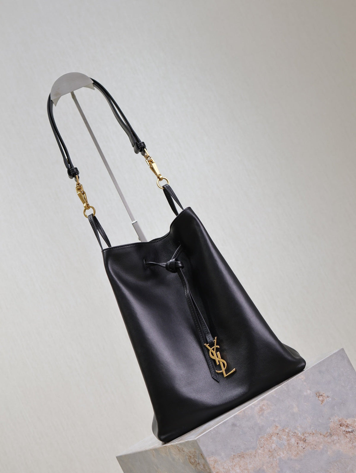 Saint Laurent Pochon Bucket Bag 30 in Black Lambskin Gold Hardware