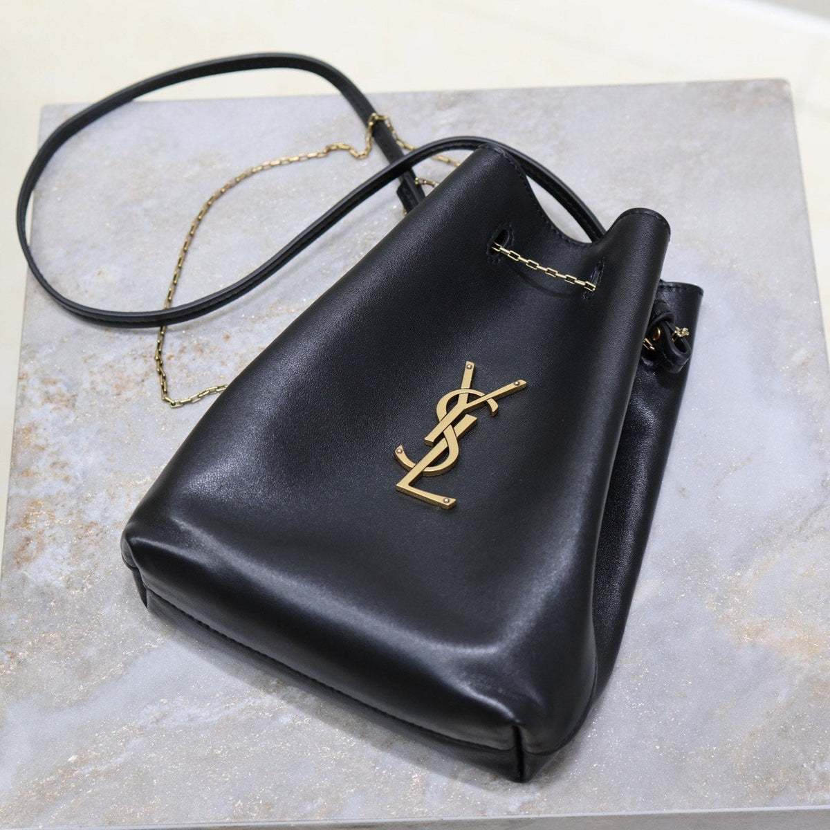 Saint Laurent Pochon Bucket Bag 20 in Black Lambskin Gold Hardware
