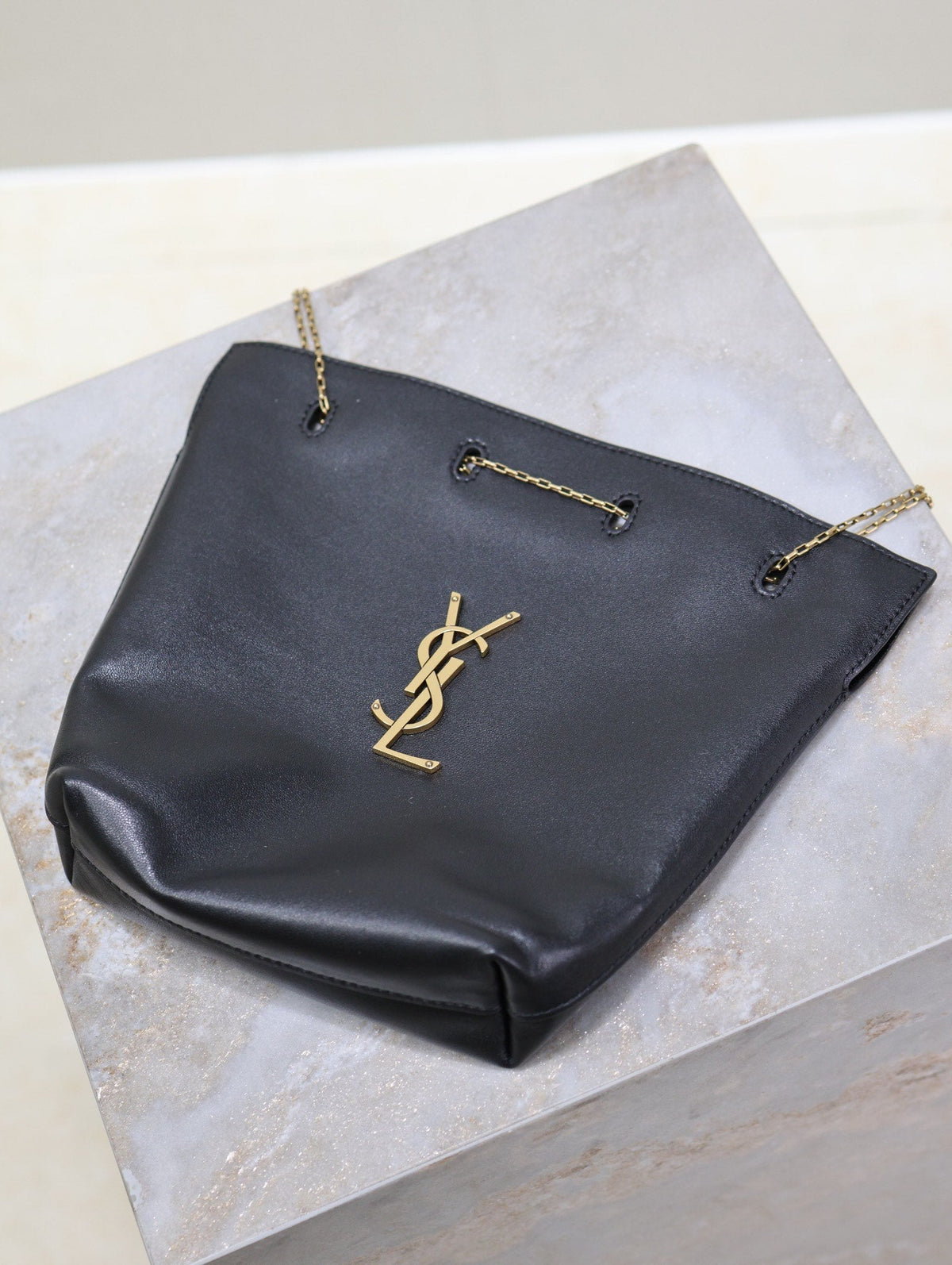Saint Laurent Pochon Bucket Bag 20 in Black Lambskin Gold Hardware