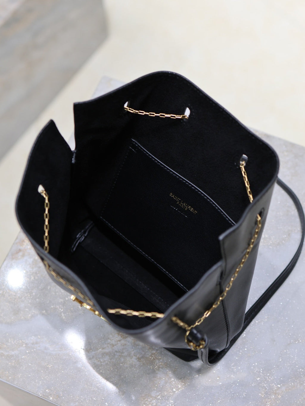 Saint Laurent Pochon Bucket Bag 20 in Black Lambskin Gold Hardware