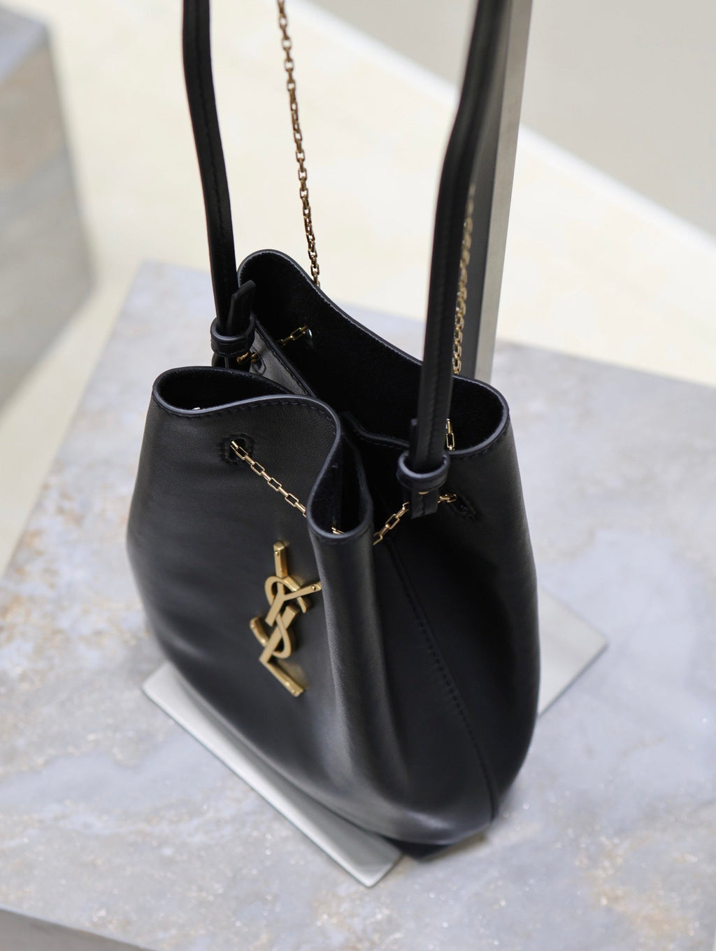 Saint Laurent Pochon Bucket Bag 20 in Black Lambskin Gold Hardware
