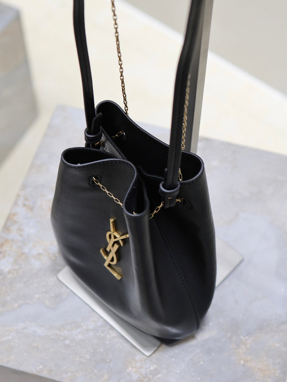 Saint Laurent Pochon Bucket Bag 20 in Black Lambskin Gold Hardware