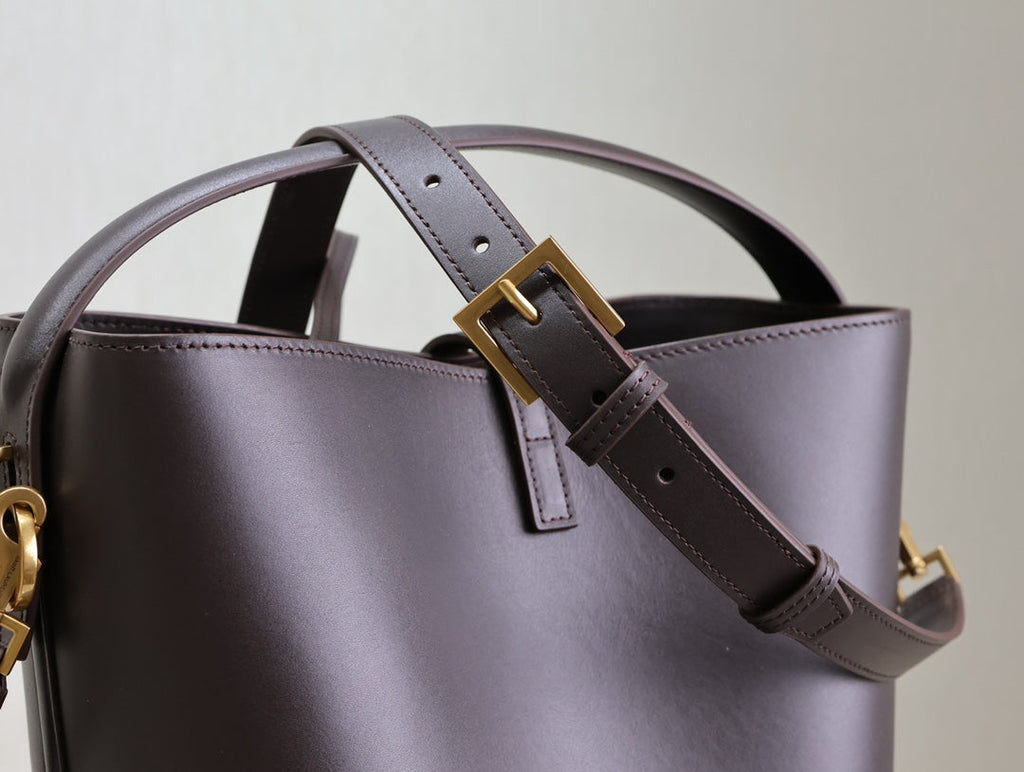 Saint Laurent Le 37 Medium Bucket Bag 26 in Brunette Brown Calfskin Gold Hardware
