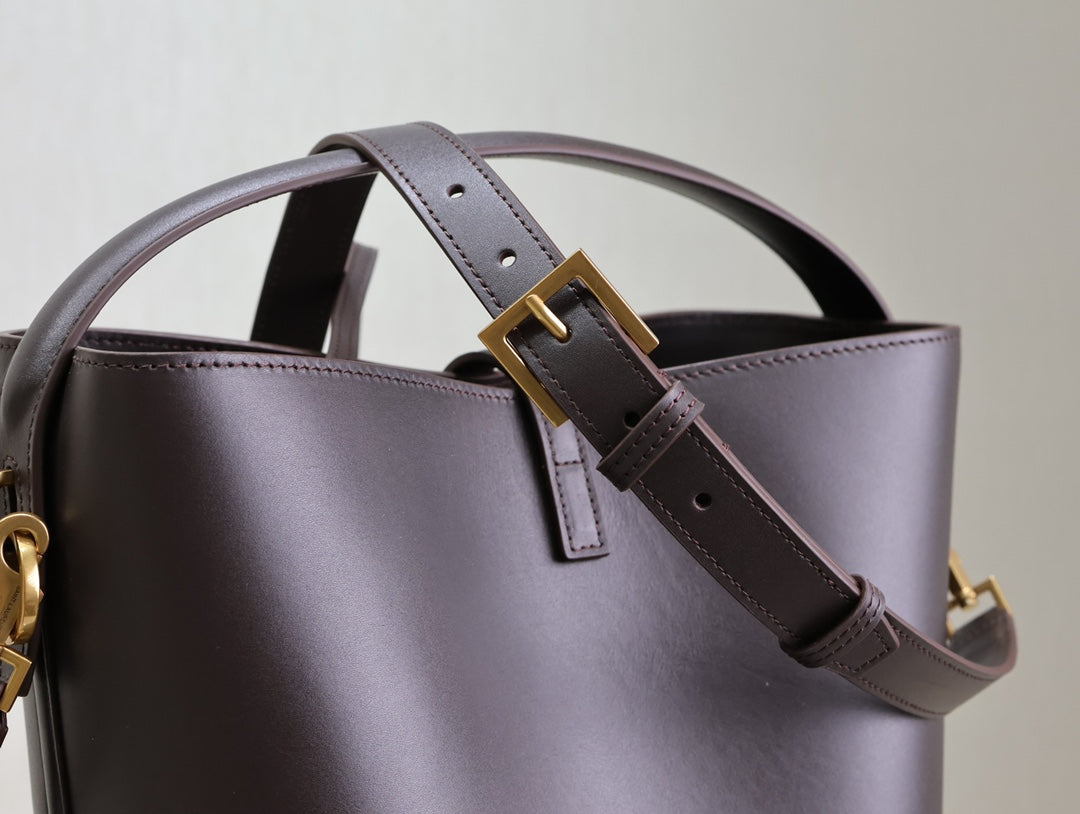Saint Laurent Le 37 Medium Bucket Bag 26 in Brunette Brown Calfskin Gold Hardware