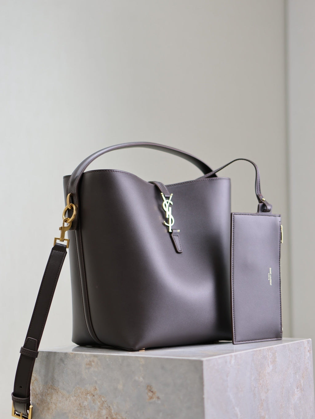 Saint Laurent Le 37 Medium Bucket Bag 26 in Brunette Brown Calfskin Gold Hardware