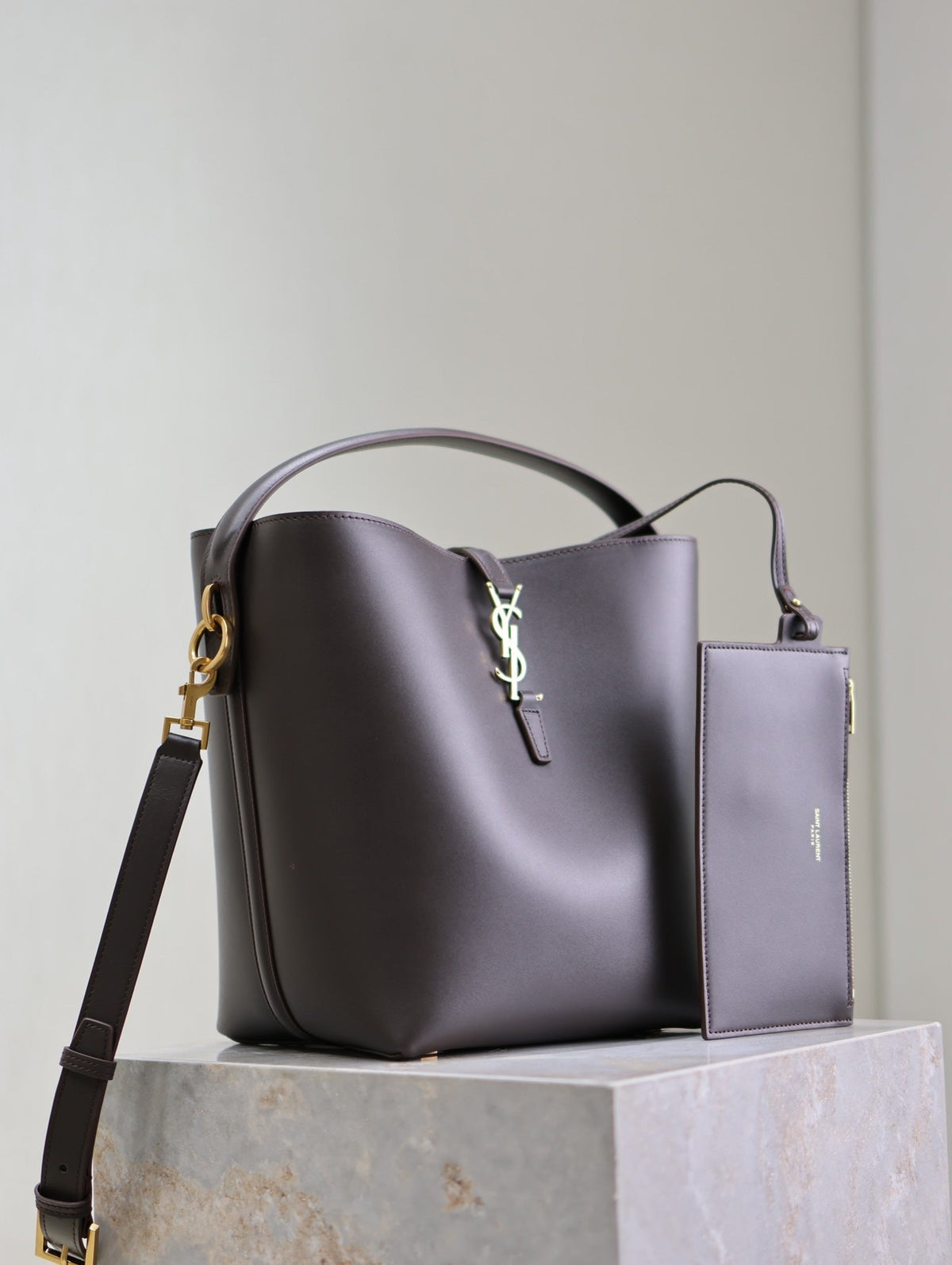 Saint Laurent Le 37 Medium Bucket Bag 26 in Brunette Brown Calfskin Gold Hardware