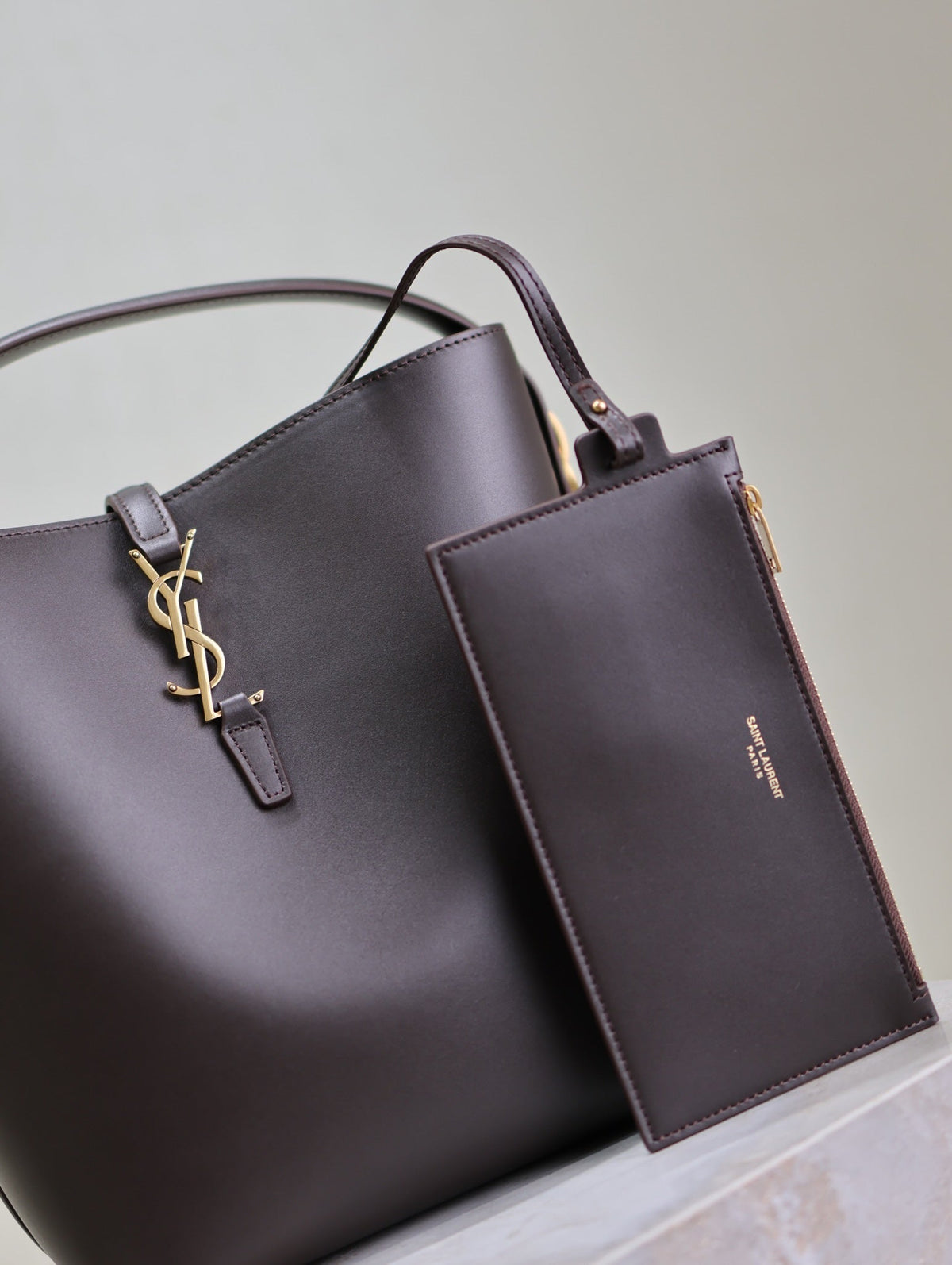 Saint Laurent Le 37 Medium Bucket Bag 26 in Brunette Brown Calfskin Gold Hardware