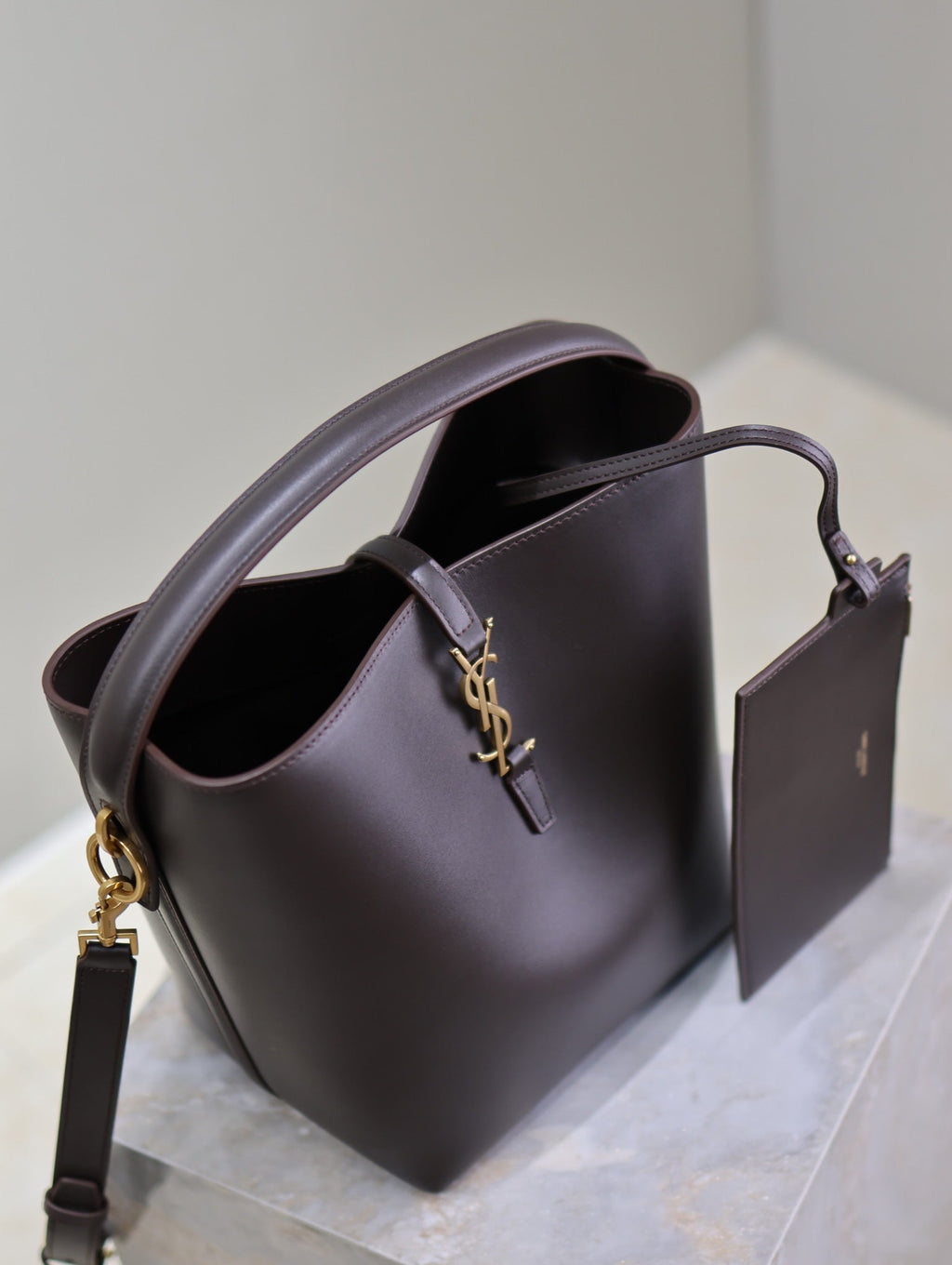 Saint Laurent Le 37 Medium Bucket Bag 26 in Brunette Brown Calfskin Gold Hardware