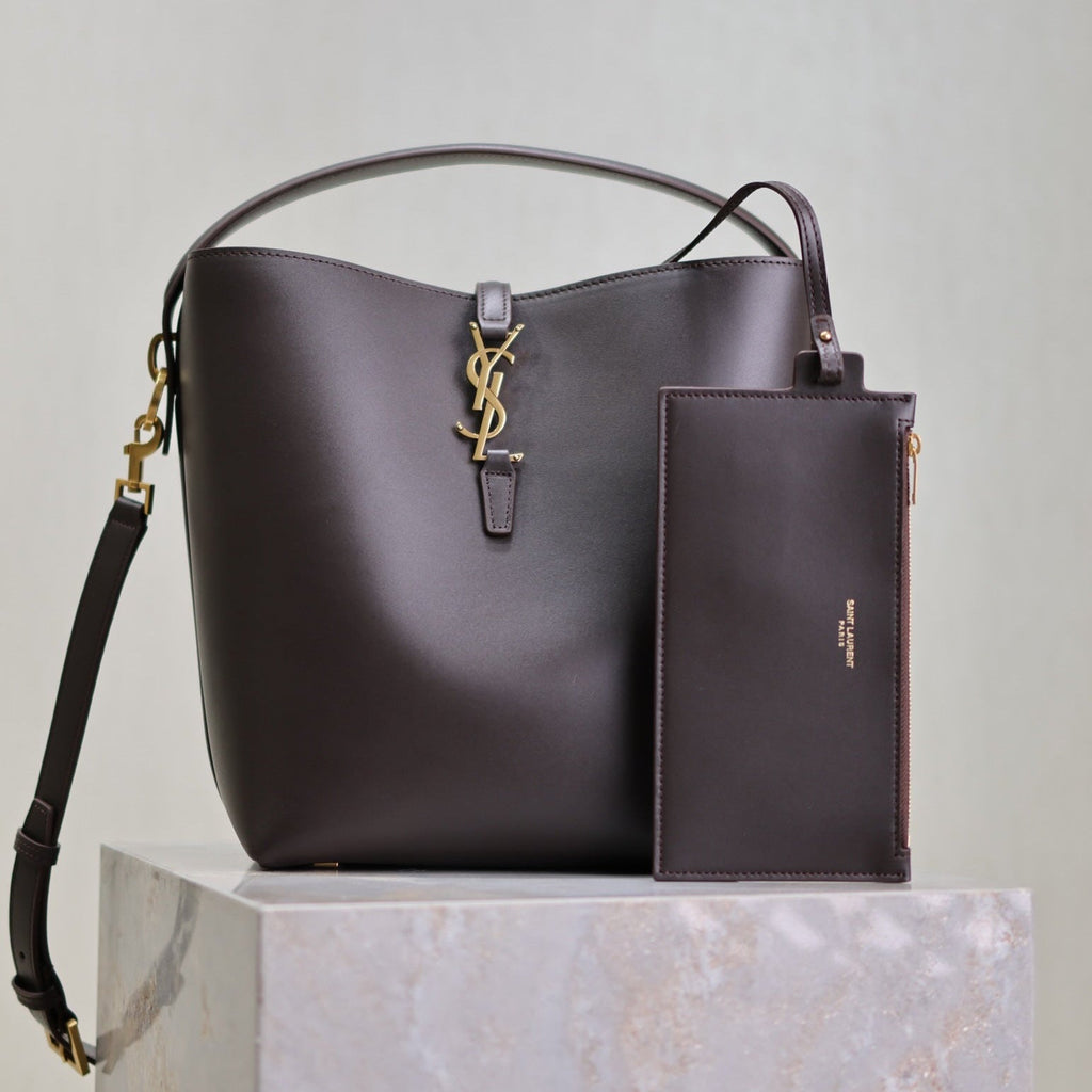 Saint Laurent Le 37 Medium Bucket Bag 26 in Brunette Brown Calfskin Gold Hardware