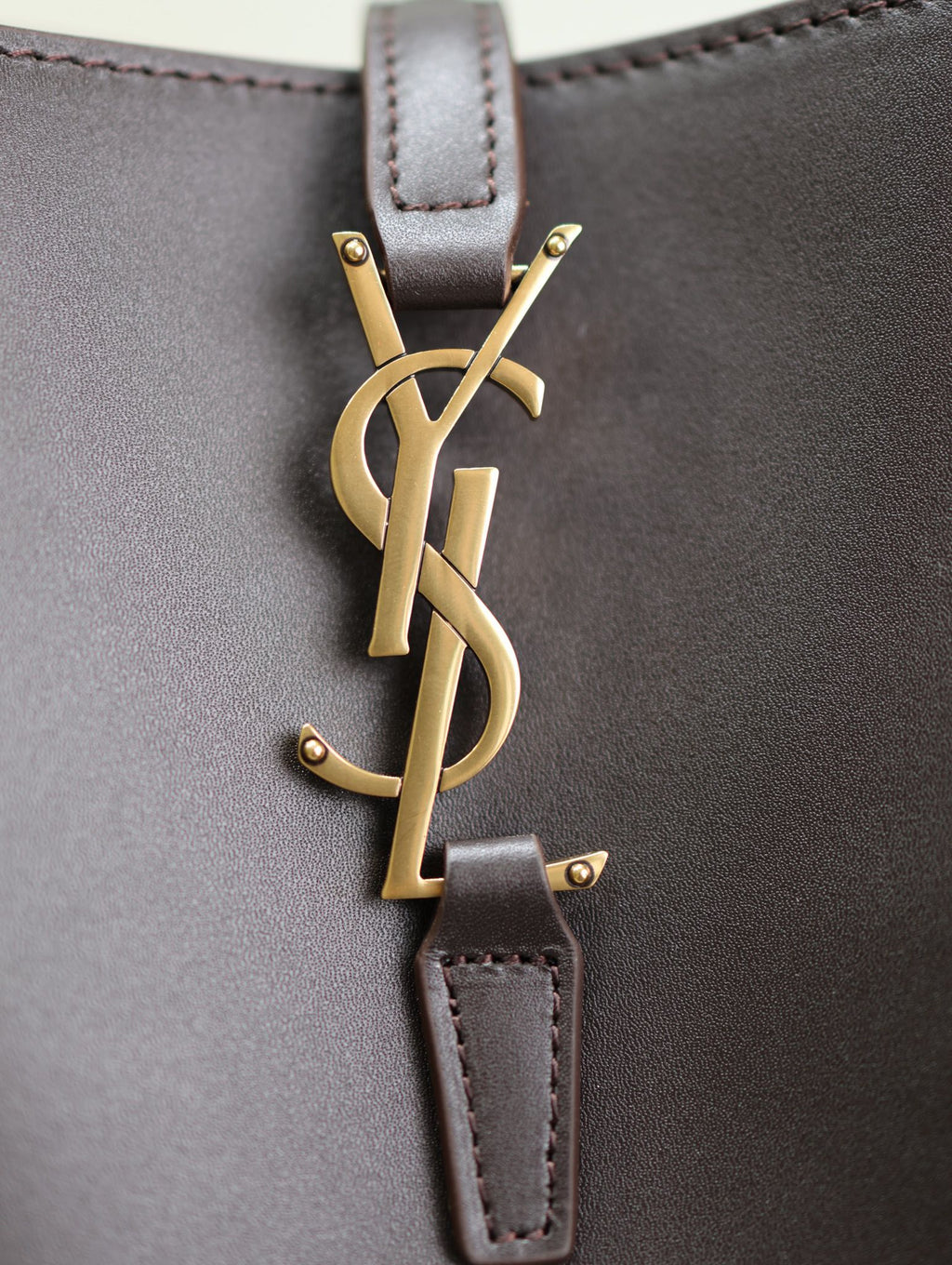 Saint Laurent Le 37 Medium Bucket Bag 26 in Brunette Brown Calfskin Gold Hardware