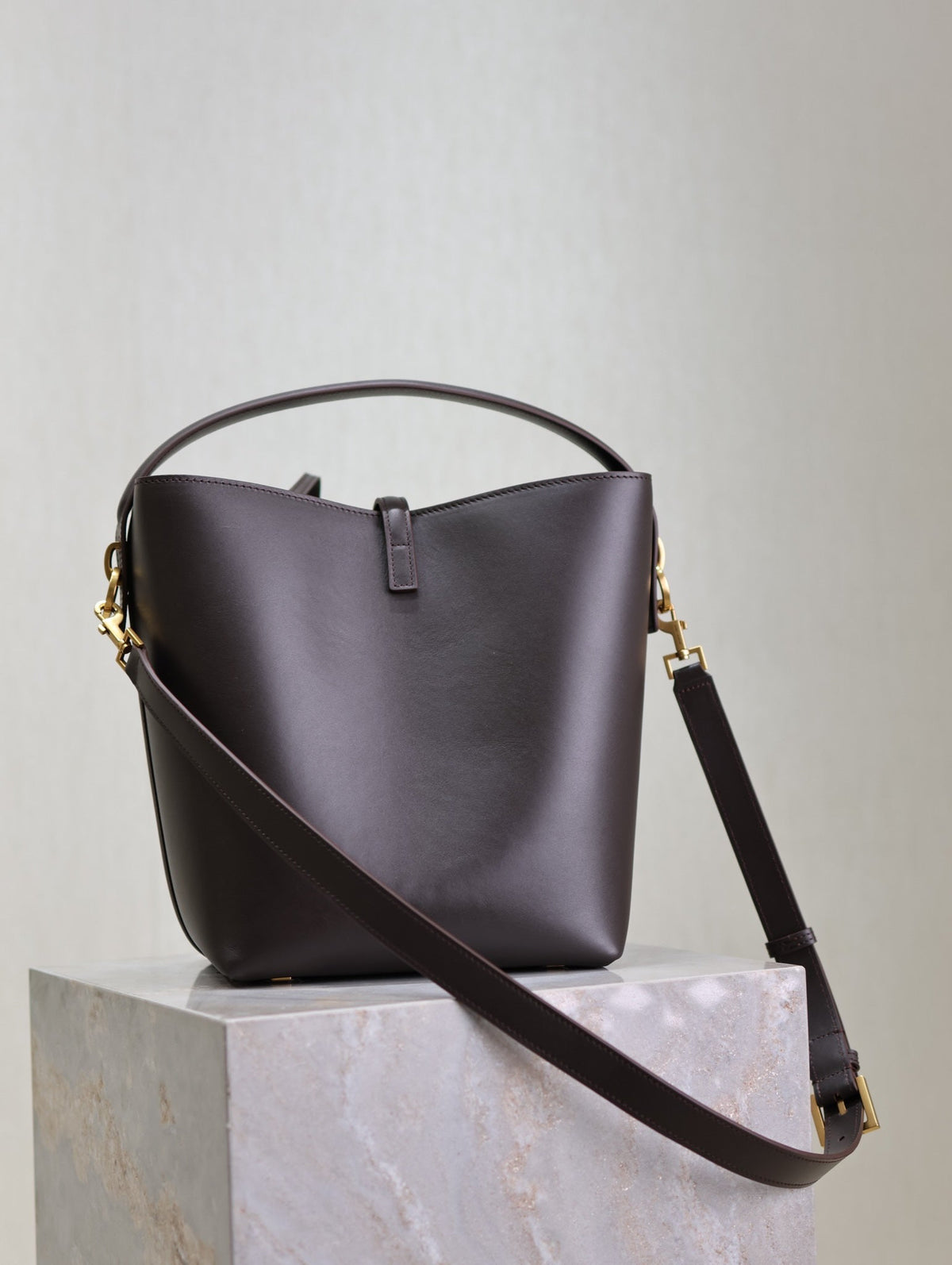 Saint Laurent Le 37 Medium Bucket Bag 26 in Brunette Brown Calfskin Gold Hardware