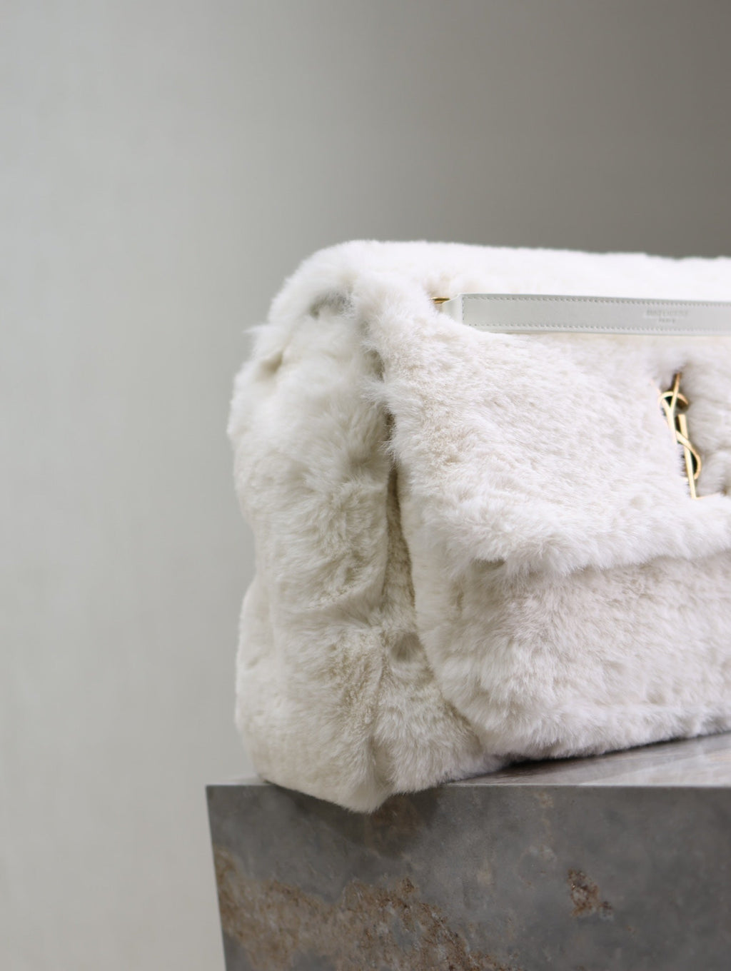 Saint Laurent Niki Large 32 in White Rabbit Fur Gold Hardware Bag