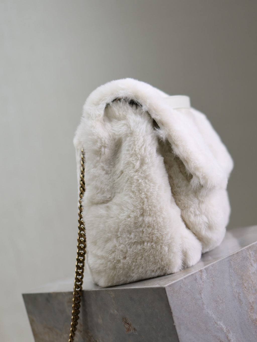 Saint Laurent Niki Large 32 in White Rabbit Fur Gold Hardware Bag