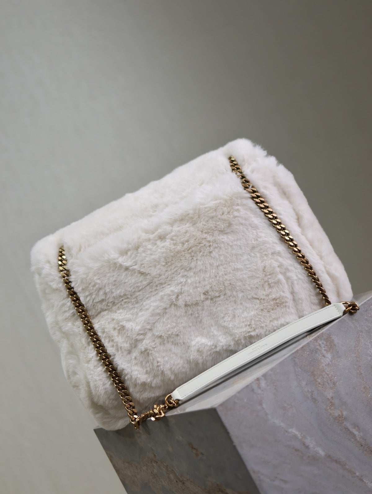 Saint Laurent Niki Large 32 in White Rabbit Fur Gold Hardware Bag