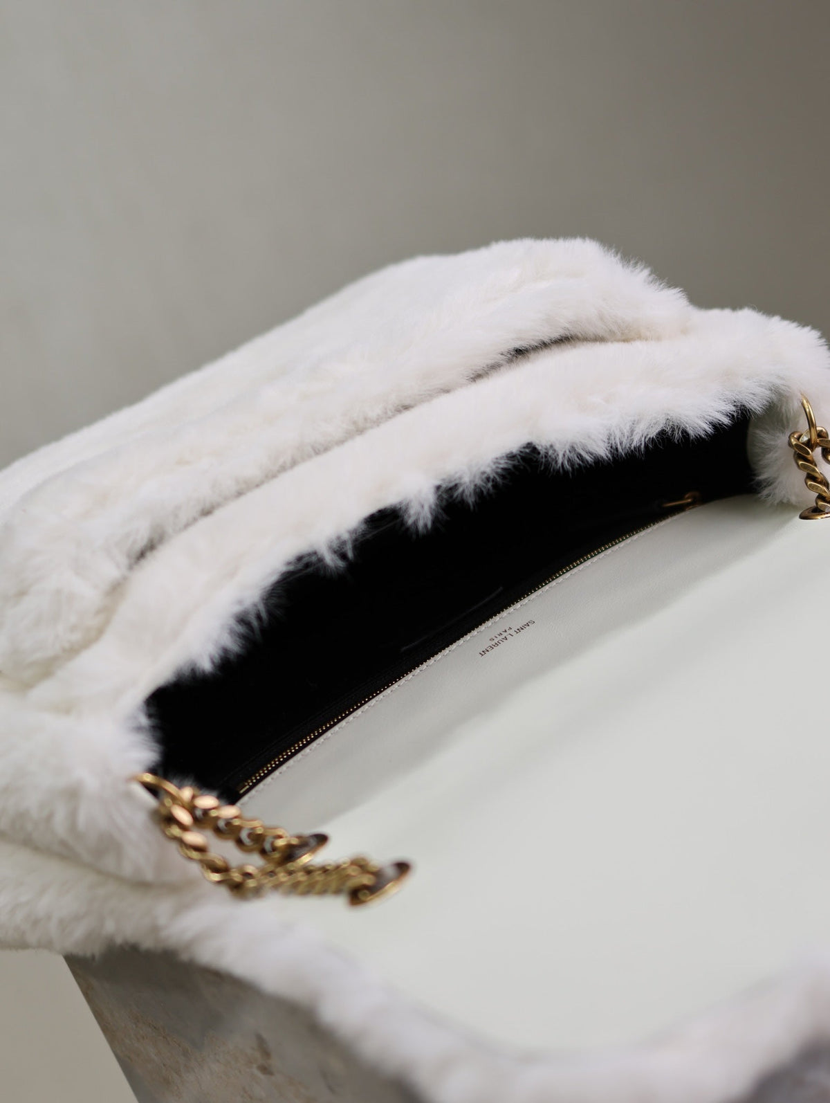 Saint Laurent Niki Large 32 in White Rabbit Fur Gold Hardware Bag