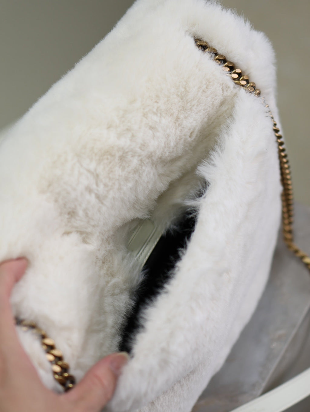 Saint Laurent Niki Large 32 in White Rabbit Fur Gold Hardware Bag