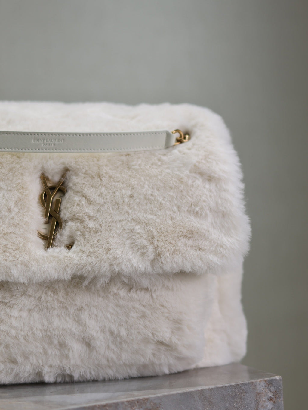 Saint Laurent Niki Large 32 in White Rabbit Fur Gold Hardware Bag