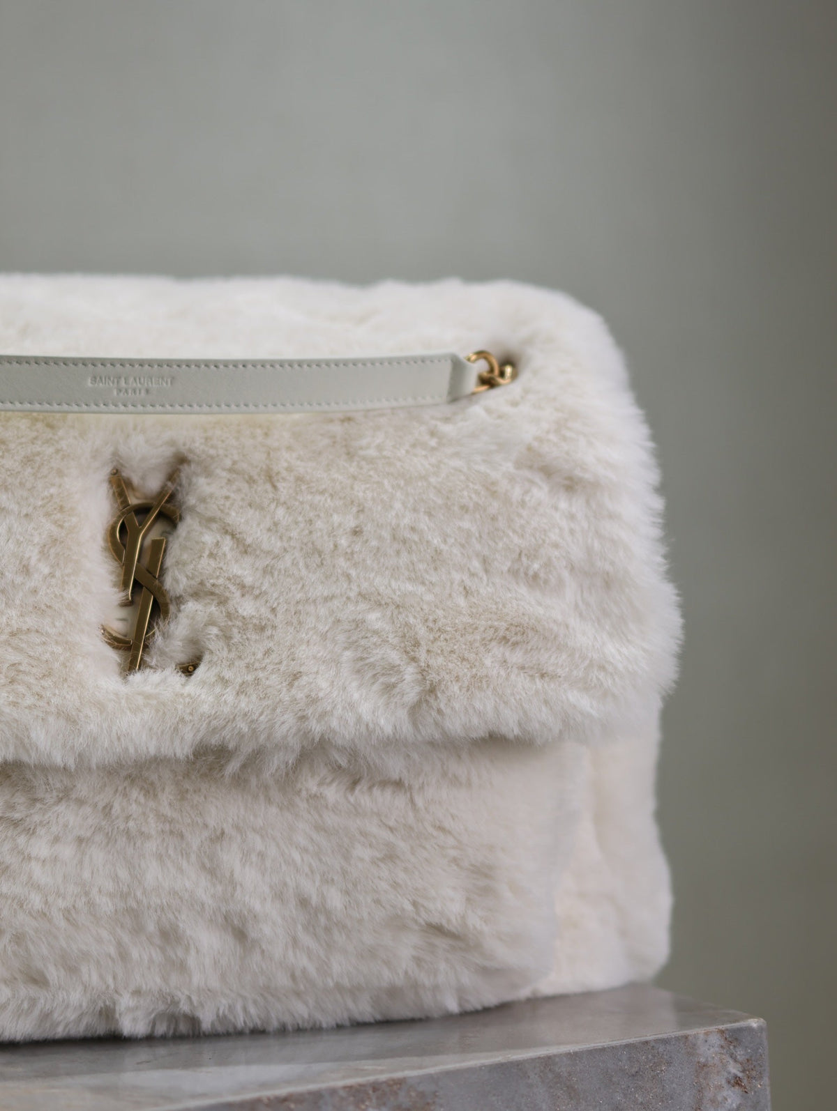 Saint Laurent Niki Large 32 in White Rabbit Fur Gold Hardware Bag