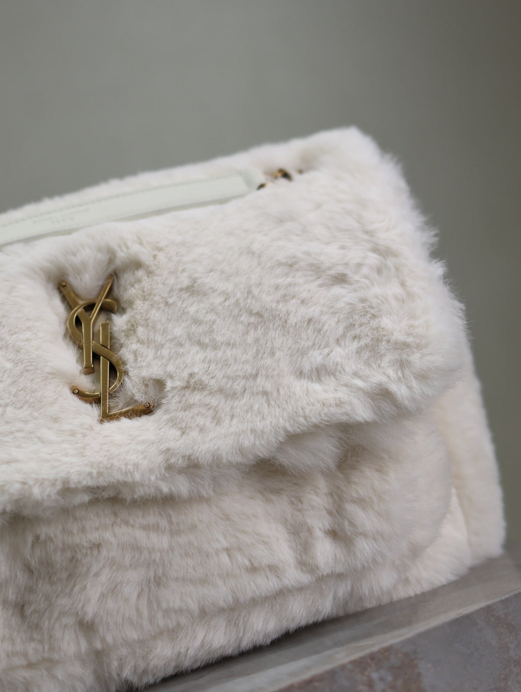 Saint Laurent Niki Medium 28 in White Rabbit Fur Gold Hardware Bag