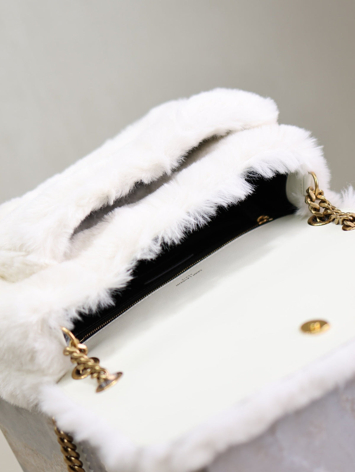 Saint Laurent Niki Medium 28 in White Rabbit Fur Gold Hardware Bag