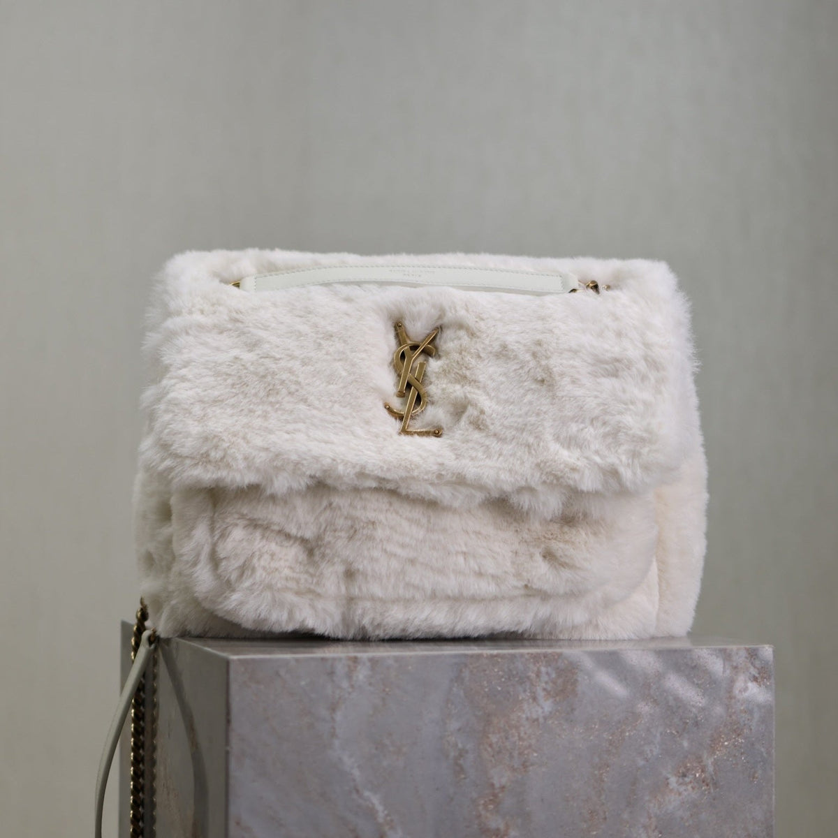 Saint Laurent Niki Medium 28 in White Rabbit Fur Gold Hardware Bag